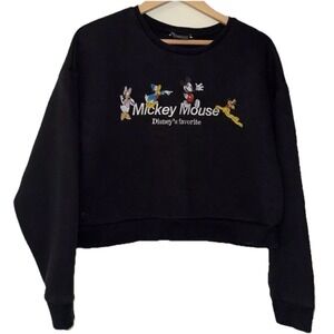 Zara Black Mickey Mouse Embroidered Cropped Sweatshirt